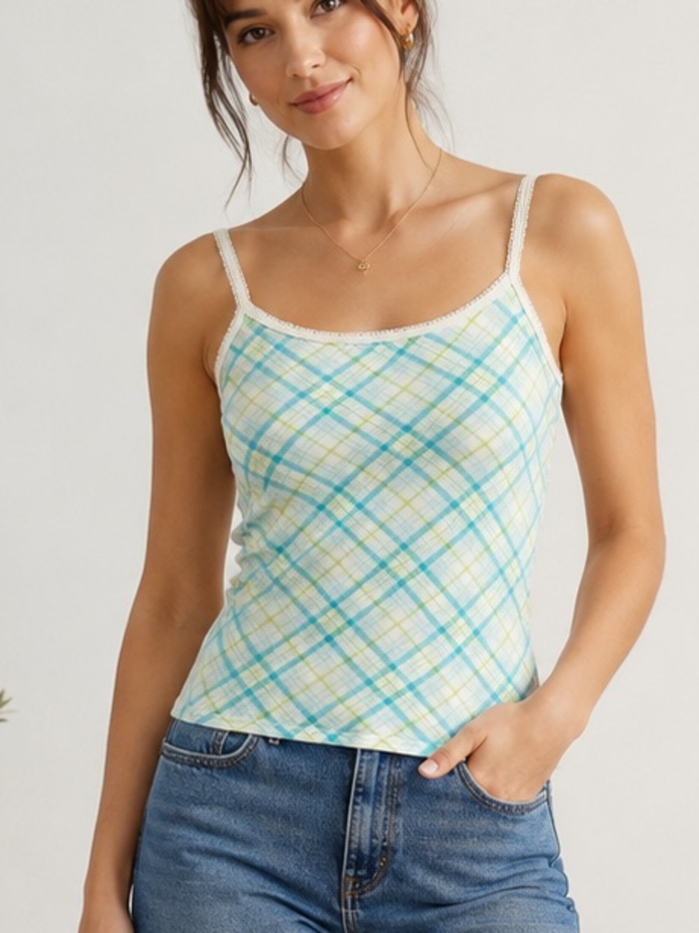 Y2k SO Plaid Knit Camisole blue green White Scoop Neck Stretch Straps XL